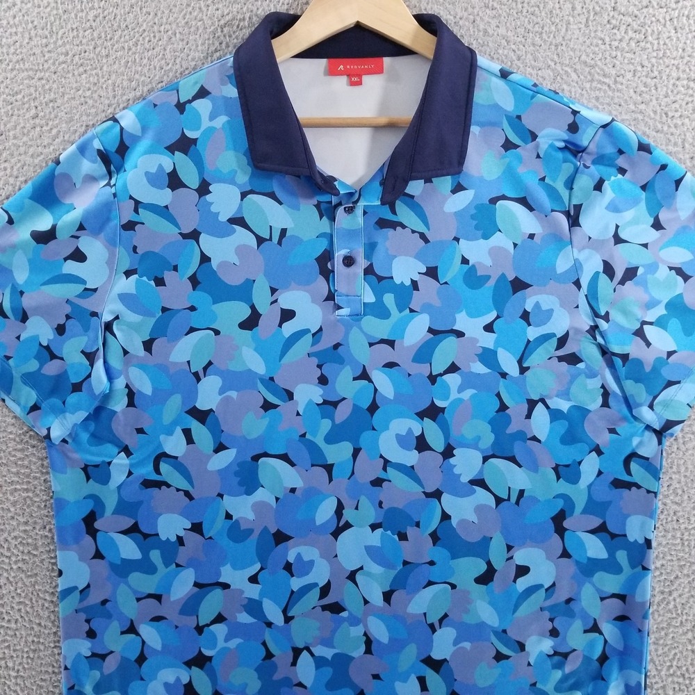 Redvanly Polo Shirt Mens XXL Blue Floral Performance Golf Stretch Wicking Tech